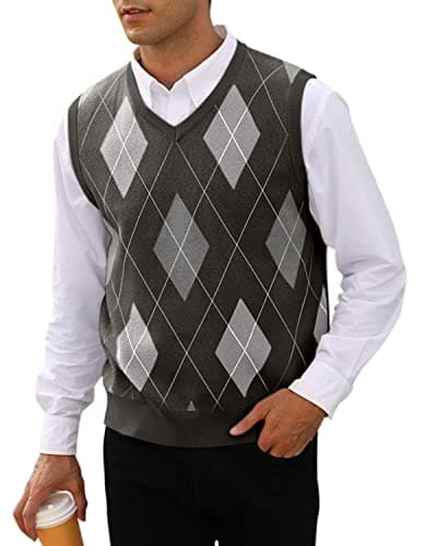 Mens Argyle Knitwear Vest V Neck Sleeveless Casual Slim Fit Pullover Knitted Sweater - Image 1