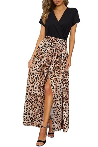 Newshows Women 2025 Summer Dress Casual Vacation Short Sleeve V Neck Spring Boho Split Beach Flowy Sundress Trendy(Brown Leopard,L) - Image 1