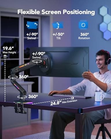 HUANUO RGB Monitor Arm for Ultrawide Screens up to 57″, Heavy-Duty Single Mount Holds 44 lbs, Fully Adjustable Gaming Monitor Arm with C-Clamp & Grommet Base, Max VESA 100 x 100mm - Image 5