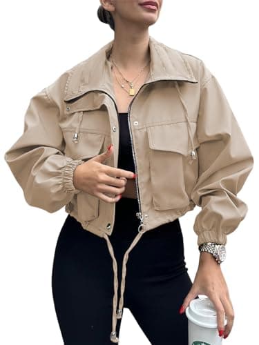 Tankaneo Womens Cropped Jacket Zip Up Lightweight Oversized Utility Anorak Coat with Pockets - Image 1