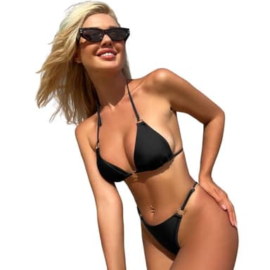 MIKETAI Sexy Bikinis for Women 2 Piece Bikini Spaghetti Strap Swimsuits Solid Color Bathing Swimwear Triangle Bathing Suit (US, Alpha, Medium, Regular, Regular, Black) - Image 3