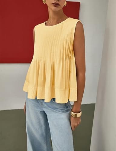 Megfie Womens Summer Pleated Peplum Sleeveless Blouse Tank Tops Round Neck Y2K Babydoll Blouse Shirt(0869-Yellow-S) - Image 2