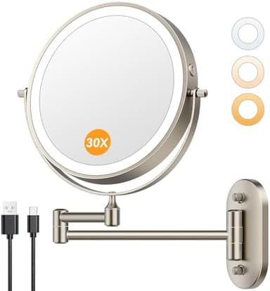 Auxmir 1X/30X Wall Mounted Lighted Makeup Mirror, 8" 3200 mAh Rechargeable Double-Sided Magnifying Mirror, Touch Dimmable 3 Color Lights, 360° Rotating Foldable 14.5" Extension Arm, Brushed Nickel - Image 3