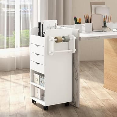 Nightcore Rolling Storage Drawer Cart, Mobile Chest of Drawers, 3 Shelves, 3 Slots, 2 Rolling Rods, Organizer Cabinet w/Lockable Casters, Wide Storage Space for Home Office, Living Room, Study (White) - Image 4