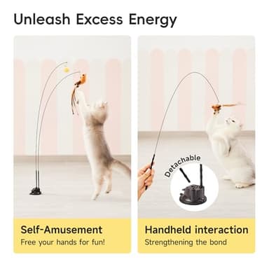 Potaroma Suction Cup Cat Wand Toys, Dual-Wand Interactive Kitten Toy for Indoor Cats with 5 Pcs Feathers Balls Attachments, Charcoal Base - Image 6