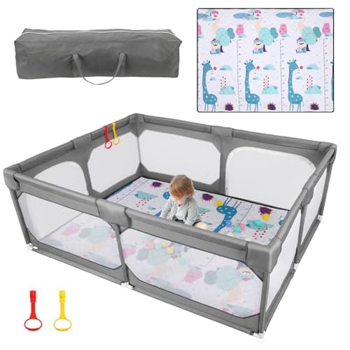 JINXIA Baby Playpen with Mat 75"*59", Large Play Pen for Babies and Toddlers with Soft Breathable Mesh, Climb-Proof Anti-Fall Baby Playpen, Sturdy Safety Play Yard for Indoor Outdoor Fun, Grey - Image 1