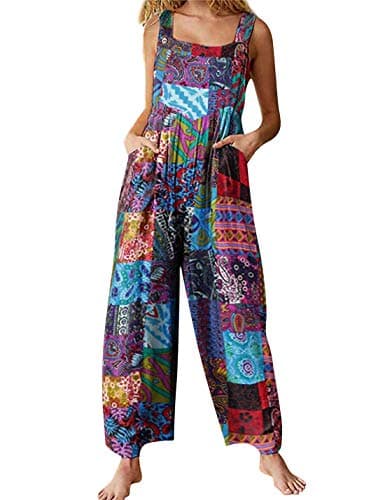 Himosyber Women's Patchwork Dual Pocket Jumpsuit Loose Floral Print Bohemian Wide Leg Bib Overall (#1Blue, M) - Image 1