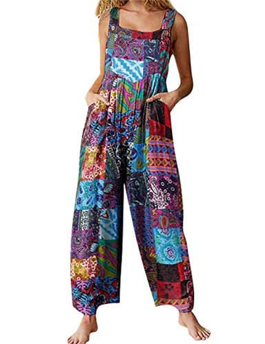 Himosyber Women's Patchwork Dual Pocket Jumpsuit Loose Floral Print Bohemian Wide Leg Bib Overall (#1Blue, M) - Image 1