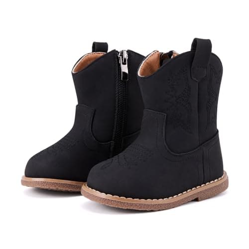 BMCiTYBM Baby Cowboy Cowgirl Boots Infant Western Boots Toddler Boys Girls Round Toe Riding Mid Calf Boots All Seasons for 6 9 12 18 24 Months Black Size 5 Toddler - Image 1