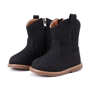 BMCiTYBM Baby Cowboy Cowgirl Boots Infant Western Boots Toddler Boys Girls Round Toe Riding Mid Calf Boots All Seasons for 6 9 12 18 24 Months Black Size 5 Toddler - Image 1