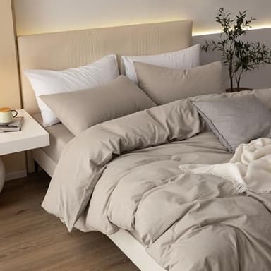 JIYUAN 100% Washed Cotton Duvet Cover Set 3 Pieces Queen, 1 Duvet Cover 90x90 Inches(Comforter Not Included) and 2 Pillowcases,Linen Feel Bedding Set Comfy and Breathable, Heathered Tannish Linen Grey - Image 5