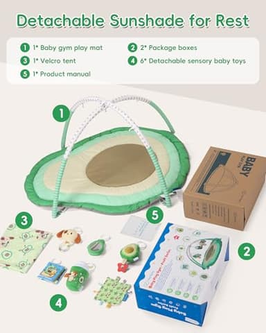 Tummy Time Mat, 9-in-1 Avocado Baby Play Gym Mat, Oversize Baby Play Activity Mats with Sunshade & 6 Detachable Sensory Toys, Washable Non-Slip Mat for Newborn Infant Baby Essentials Gift - Image 9