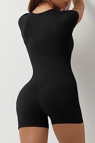 QINSEN Women's Short Sleeve Bodycon Romper Stretchy Square Neck Sexy Unitard Jumpsuit Black S - Image 5