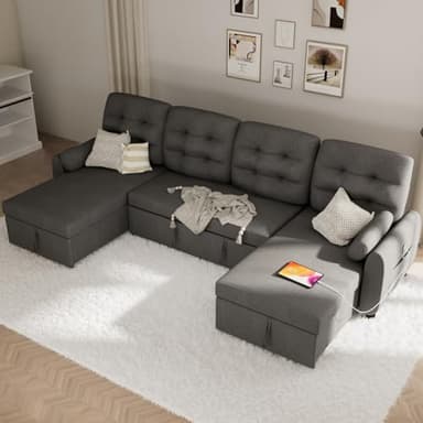 Ucloveria Sectional Sofa Couch, 112" Sleeper Sofa Bed with Dual Reversible Storage Chaise Pull Out Couch for Living Room | Side Pocket | Charging Station | Removable Backrest | Linen Fabric, Dark Grey - Image 7