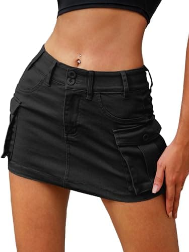 ELLEVEN Mini Cargo Skirts for Women High Stretchy, Low Waist Y2k Skirt Button Cute Denim Bodycon Jean Skirt with Pocket Black Medium - Image 1