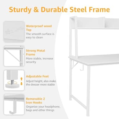 White Computer Desk with Hutch & Drawers - Office Desk with 3 Storage Drawers and Power Outlets, 47 Inch Modern Study Writing Desk for Bedroom Home Office - Image 5