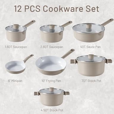 CAROTE Ceramic Cookware Set 12 Piece, Healthy & PFOA/PFAS Free, Nonstick Pots and Pans Set, Induction-Compatible, Taupe - Image 2