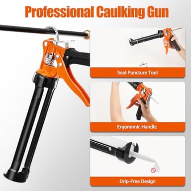 Holothurian Caulking Gun, No-Drip Hand Caulk gun, Silicone Gun with Comfort Grip, 1/10 Gallon Cartridge, 12:1 Thrust Ratio, Built-in Seal Puncture Tool, and Two Nozzles and Scraper - Image 4