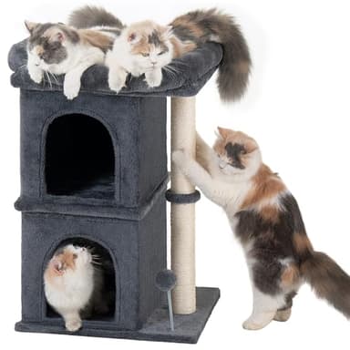 Aechonow 24in Cat Tree Tower with Scratching Post, 19 * 16.5in Window Perch Bed for Large Adult Cats, 2 Small Condo Cubbies for Indoor Kittens, Dark Gray - Image 1