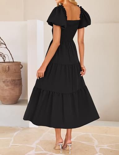 ZESICA Womens Summer 2025 Boho Vacation Dress Short Puff Sleeve Flowy Smocked Cutout A Line Beach Party Dresses,Black,Small - Image 3