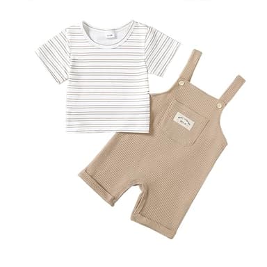 ZOEREA Toddler Baby Boys Clothes Summer Outfit Stripe T-Shirt and Shortall Romper Set Cute Jumpsuit (Khaki,6-12 Month) - Image 1