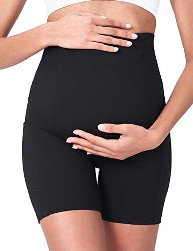 POSHDIVAH Women's Maternity Yoga Shorts Over The Belly Bump Summer Workout Running Active Short Pants with Pockets Black 5" Large - Image 3