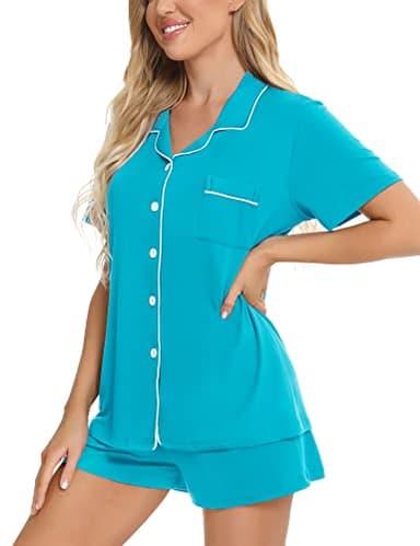 SWOMOG Womens Button Down Pajamas Set Short Sleeve Sleepwear Bride Soft Pj Lounge Sets XS-3XL Peacock Blue Small - Image 2