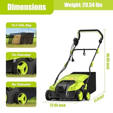 16-Inch Electric Dethatcher and Scarifier, YERYORK 2-in-1 Lawn Dethatcher with Powerful 15 AMP Motor 14.5Gal Collection Bag 5-Position Depth Foldable Handle for Lawns & Garden (Green) - Image 9