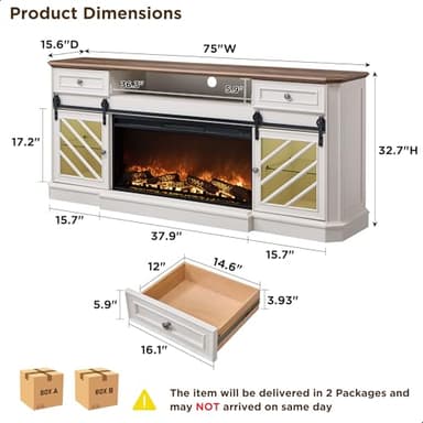 OKD 75” Fireplace TV Stand for 85 Inch TV, Farmhouse Highboy Entertainment Center with 36” Electric Fireplace, Modern Media Console Table with Drawers Storage&Cabinets for Living Room, Antique White - Image 2