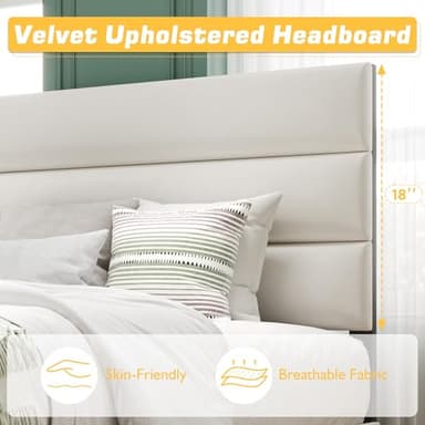 Acurax Queen Size Bed Frame with Velvet Upholstered Headboard, Beige Platform Bed Frame with Metal Support, Upholstered Mattress Foundation, No Box Spring Needed, Noise Free, Easy Assembly, White - Image 4