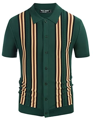 PJ PAUL JONES Mens Retro Striped Polo Shirt Short Sleeve Button Down Knitted Shirts Green XXL - Image 7