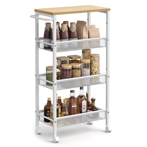 VASAGLE Slim Rolling Cart, 4-Tier Storage Cart, Narrow Cart with Handle, 8.7 Inches Deep, Metal Frame, for Kitchen, Dining Room, Living Room, Home Office, Oak Beige and Classic White ULRC033W09 - Image 1