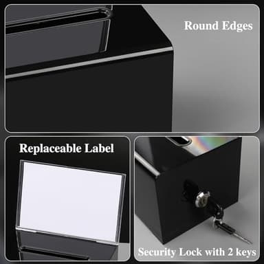 VOISEN Acrylic Donation Box with Lock, Black Tip Jar with Sign Holder, Suggestion Box for Fundraising, Donation, Bar, School Voting, 6.2x4.6x3.9 Inch - Image 3