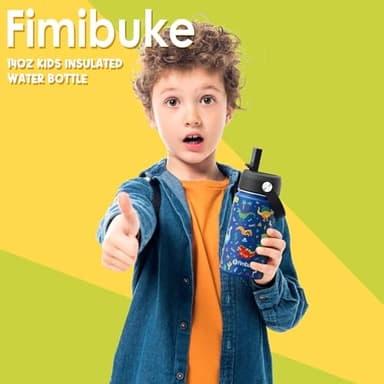 Fimibuke Kids Insulated Water Bottle, 14oz BPA FREE Double Wall Vacuum Tumbler 18/8 Stainless Steel Leak Proof Kids Cups with Straw Metal Bottles for School Boys Girls (2 Pack, Trucks/Green Dinosaur) - Image 7