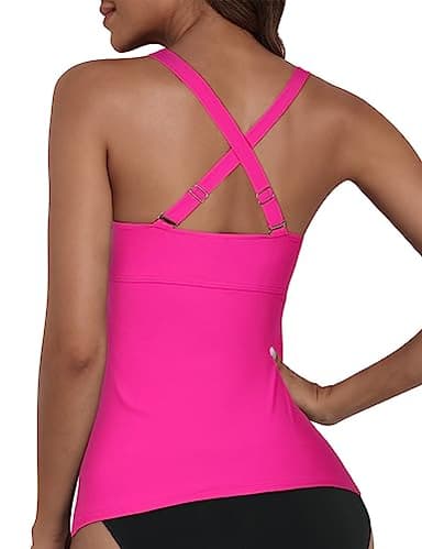 Hilor Supportive Swimsuits Built in Bra Underwire Tankini Tops for Women Swimwear Top Only Hot Pink Tummy Control Bathing Suit 22 - Image 3