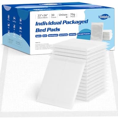 MILDPLUS 23"X36" Individually Wrapped Premium Disposable Pad Heavy Duty 70 Grams Underpads Disposable Incontinence Chucks Bed Pads for Adult, Kids or Pets (30 PCS) - Image 1