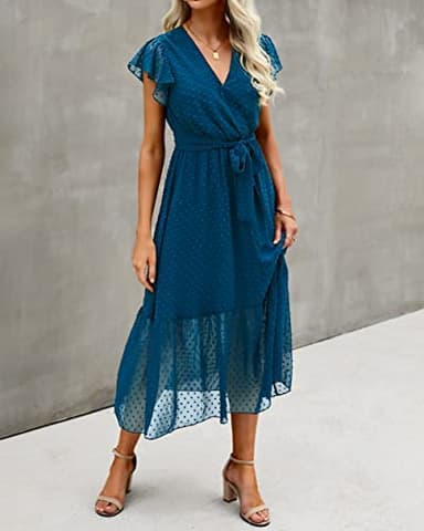 BTFBM Women Summer Bohemian Floral Casual Wrap V Neck Ruffle Cap Sleeveless Belt A-Line Pleated Hem Swing Midi Sun Dress (Swiss Dot Lake Blue, l) - Image 3