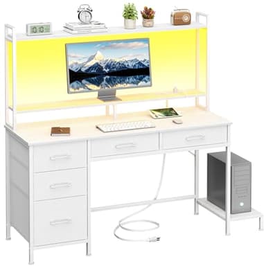 Korfile Computer Gaming Desk with Hutch, Home Office Desk with Power Outlets, LED Light, 5 Storage Drawers, 2 Tiers Shelves for Display, 47 Inch Modern Study Writing Table for Bedroom, White - Image 1