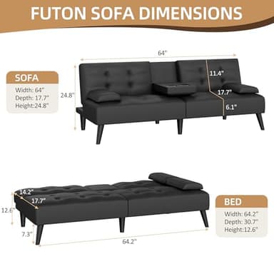 Shintenchi Futon Sofa Bed, Leather Foldable Couch, Reclining Sleeper w/Removable Armrests, Upholstered Loveseat w/Folding Cup Holders for Home, Office, Black - Image 2