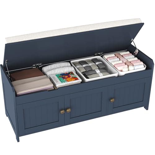 HOMEFORT 41.3" Shoe Bench with Lift Top Storage, Entryway Bench with Cushioned Seat, Wooden End of Bed Bench, Shoe Cabinet Bench with Hidden Storage Space, for Bedroom, Hallway,Blue - Image 1