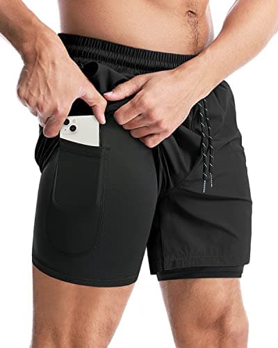 Aolesy Men’s 2 in 1 Running Shorts 5 Inch Workout Gym Athletic Shorts for Men Quick Dry Lightweight Training Shorts with Pockets Black - Image 1