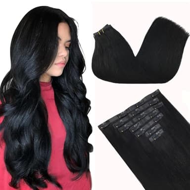 GOO GOO Clip in Hair Extensions Real Human Hair, Remy Human Hair Extensions Clip ins for Women, Natural Human Hair, 24inch 160g 7Pcs, 1 Jet black - Image 1