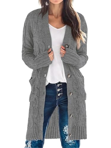 MEROKEETY Women's 2025 Long Sleeve Cardigan Sweater Fall Winter Cable Knit Open Front Button Long Outerwear, Charcoal, L - Image 1