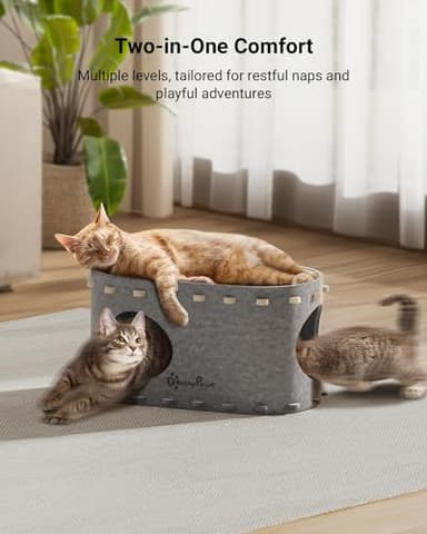 DownyPaws Cat House for Indoor Cats, Cat Bed Cave for Multiple & Large Cats Up to 22 Lbs, Scratch Resistant, Foldable Peekaboo Kitten Caves Tunnel Enclosed Bed, PeekaPurr, Light Gray - Image 2
