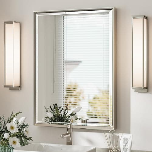 QueenFun Brushed Nickel Bathroom Mirror, 22x30 Inch Beveled Framed Bathroom Mirror Anti-Rust, Brushed Nickel Metal Frame Bathroom Vanity Mirror for Wall, Vertical/Horizontal Wall-Mounted Mirrors - Image 1
