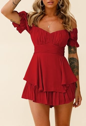Fixmatti Women Summer Boho Romper Shorts Off Shoulder Mini Ruffle Chiffon Jumpsuits Red L - Image 2