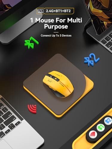 RAPIQUE Bluetooth Wireless Mouse - (BT1/BT2+USB Receiver) Tri-Device Compatibility for PC, Laptop, Computer, MacBook, Tablet (Black and Yellow) - Image 3