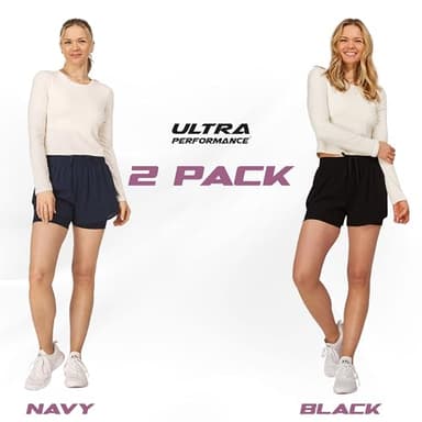 Ultra Performance Gym Shorts Women Pack of 2, Nylon Compression Workout Shorts Women with Liner, Medium Black, Navy - Image 2