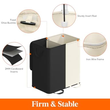 Lifewit Double Laundry Hamper with Lid and Removable Laundry Bags, Large Collapsible 2 Dividers Dirty Clothes Basket with Handles for Bedroom, Laundry Room, Closet, Bathroom, College, 136L White&Black - Image 2