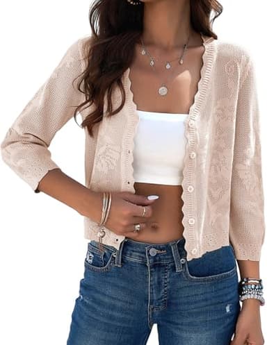 Kate Kasin Women's 3/4 Sleeve Cardigans Sweater Soft Lightweight V Neck Button Down Crochet Knit Textured Shrugs for Dress Beige Small - Image 1